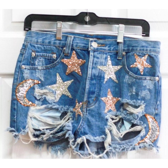 Star Rhinestone Distressed Denim Cutoff‎ Shorts Women's M Festival Y2K - Picture 5 of 7